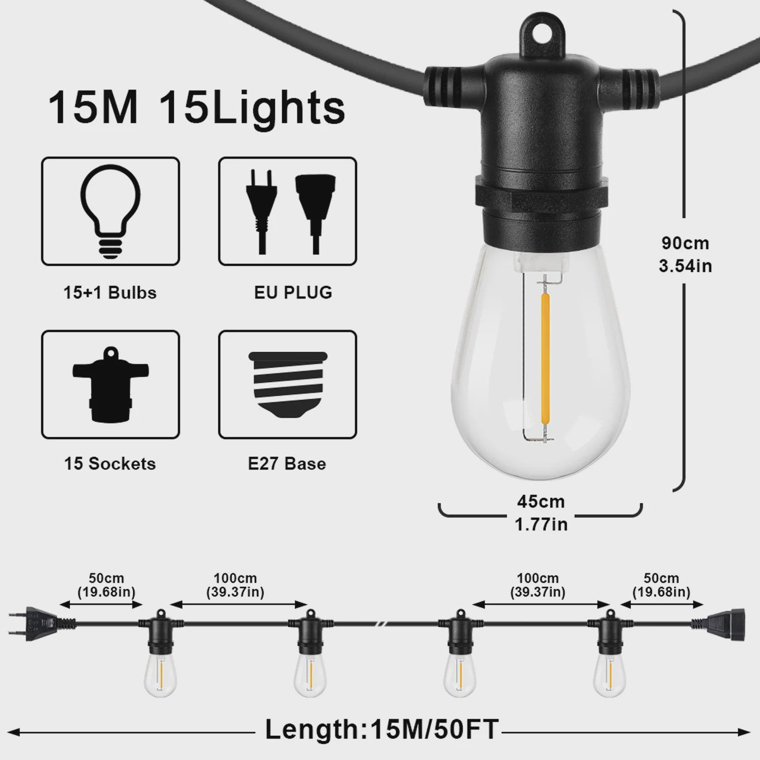 50FT Slinger LED Verlichting Buiten - Dimbare, Kopppelbare en Onbreekbare Tuinlampen