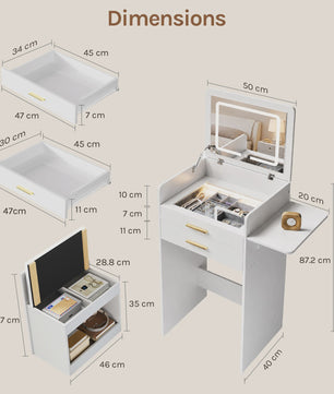 WOLTU Kaptafel met LED Spiegel, Verrijdbare Opbergkruk & Glazen Blad - 3-in-1 Make-up Tafel