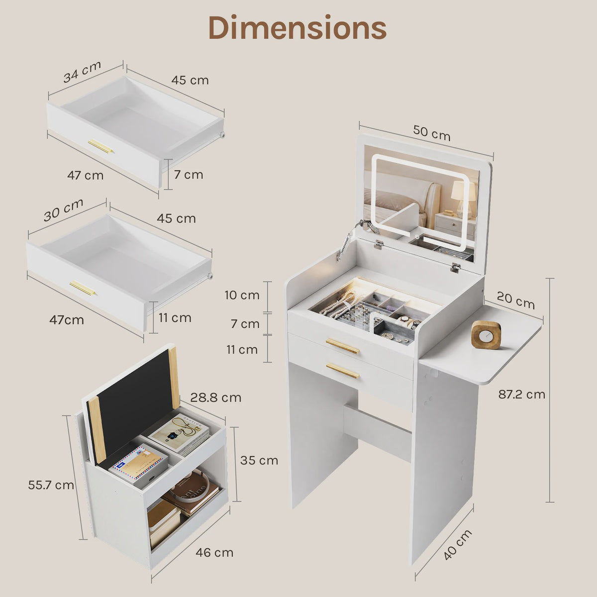 WOLTU Kaptafel met LED Spiegel, Verrijdbare Opbergkruk & Glazen Blad - 3-in-1 Make-up Tafel
