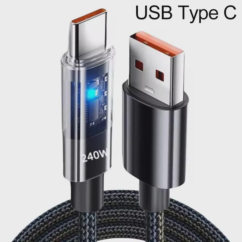 240W Nylon USB-C Snellader Kabel met LED Display - Snel Data en Opladen