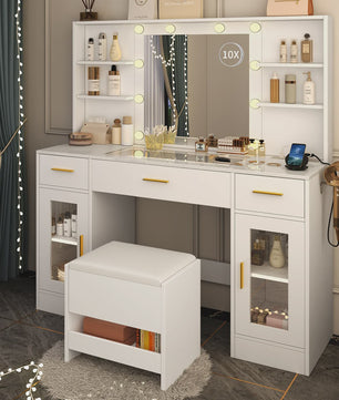 Luxe Kaptafel met Spiegel, Verlichting, Stopcontact & Kruk - Wit