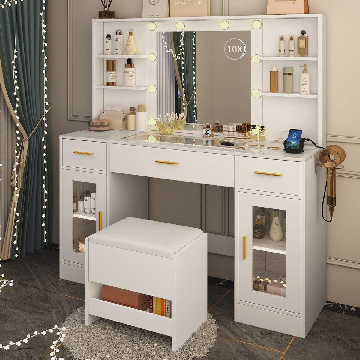 Luxe Kaptafel met Spiegel, Verlichting, Stopcontact & Kruk - Wit