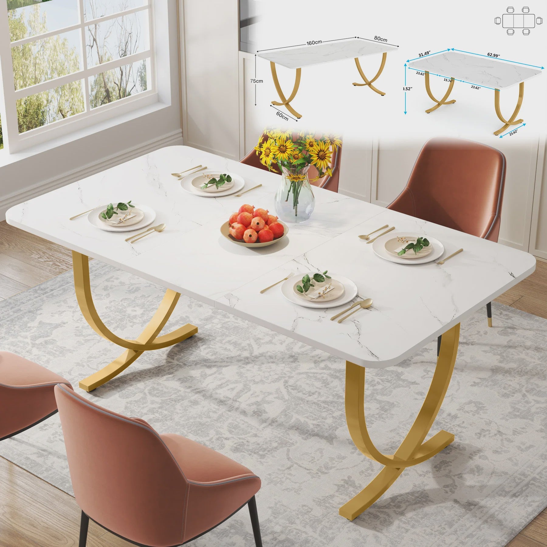 Moderne Marmerlook Eettafel voor 4-6 Personen - Stijlvol Wit Design (160cm)