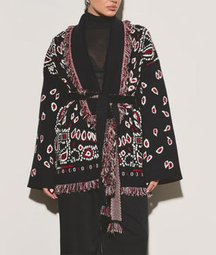 Gebreide Dames Cardigan met Patchwork Print, V-hals en Franjes - Stijlvolle Herfstjas