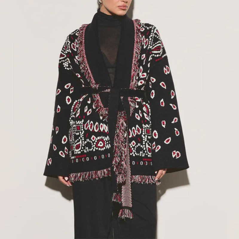 Gebreide Dames Cardigan met Patchwork Print, V-hals en Franjes - Stijlvolle Herfstjas