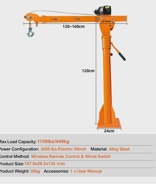 Krachtige 1100 LBS (499 kg) Elektrische Jib Kraan met 360° Draaibaarheid voor Vrachtwagen en Werkvoertuigen