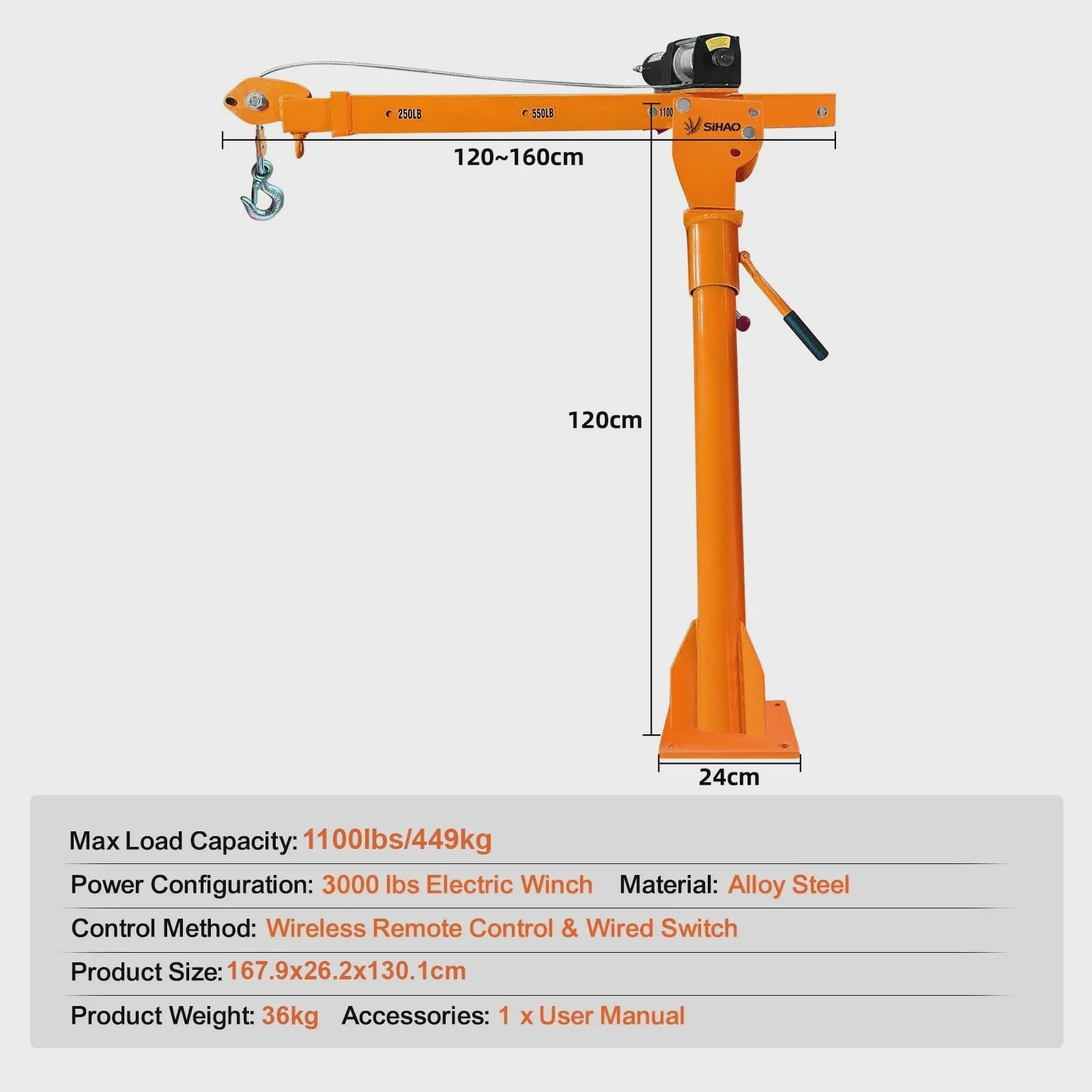 Krachtige 1100 LBS (499 kg) Elektrische Jib Kraan met 360° Draaibaarheid voor Vrachtwagen en Werkvoertuigen