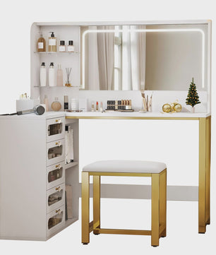 Witte Kaptafel met Spiegel, L-vormig Design, 5 Lades en Kruk