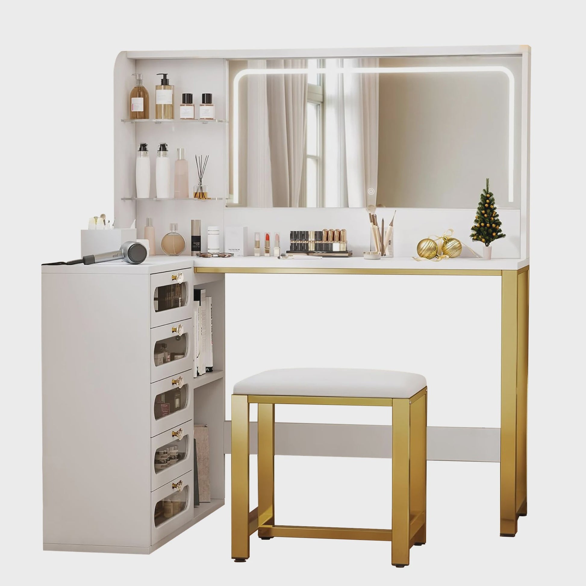 Witte Kaptafel met Spiegel, L-vormig Design, 5 Lades en Kruk