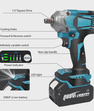 Krachtige 1200Nm Brushless Accu-slagmoersleutel 1/2" met LED, 8 standen, compatibel met Makita 18V accu