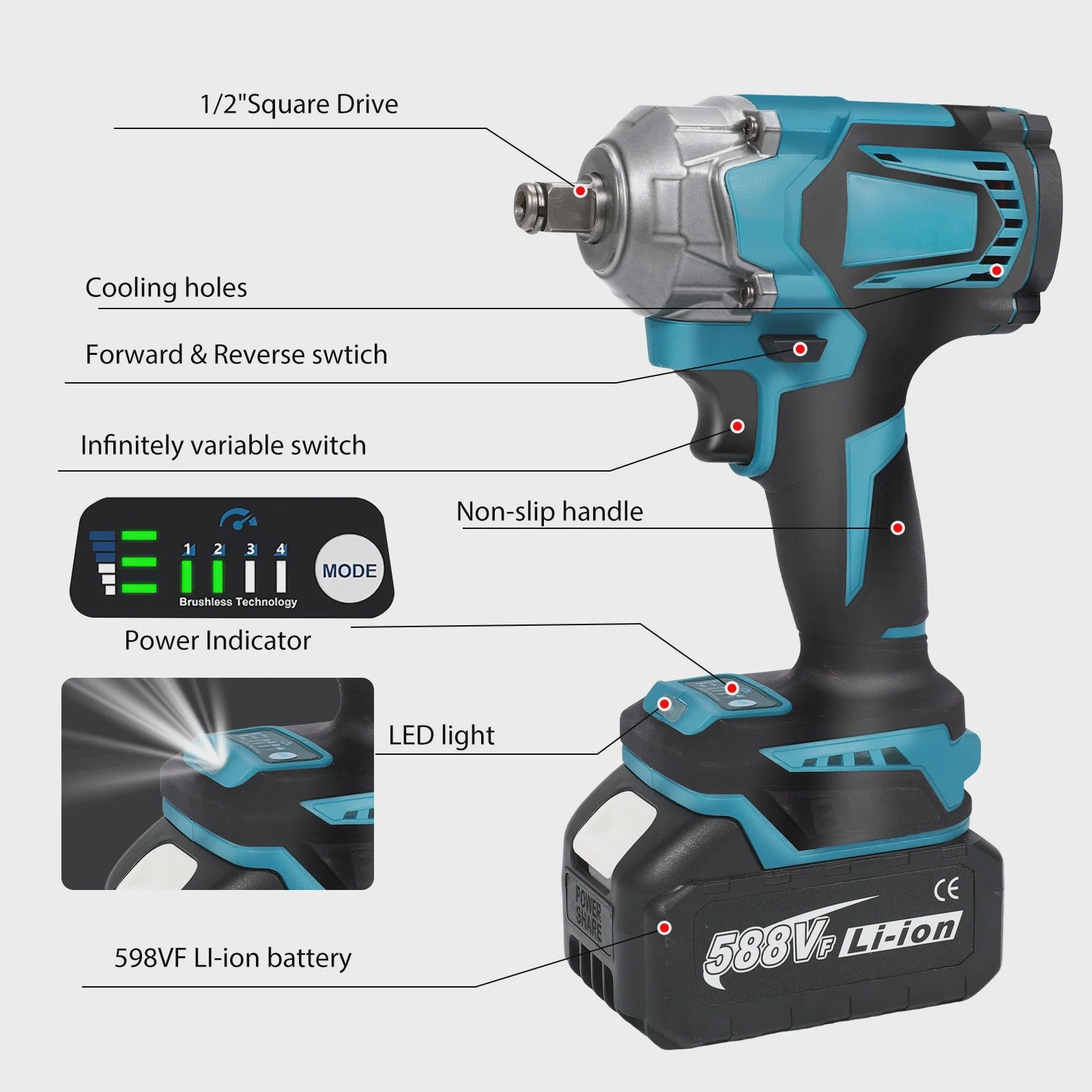 Krachtige 1200Nm Brushless Accu-slagmoersleutel 1/2" met LED, 8 standen, compatibel met Makita 18V accu