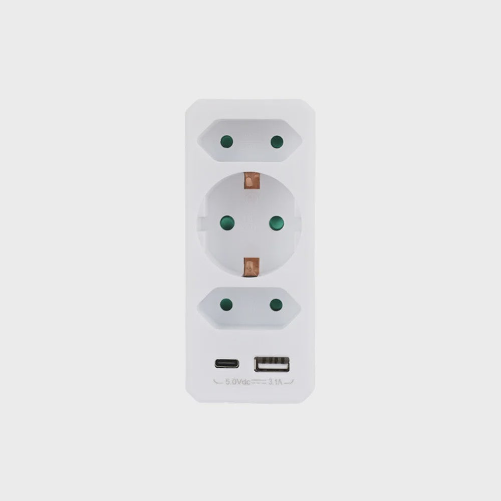 Universele Wandcontactdoos Adapter met Schakelaar, 2x USB-A, 1x USB-C & 3x Schuko Stopcontact