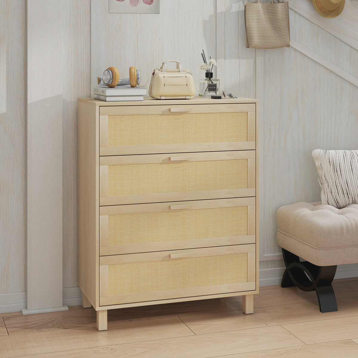 Ladekast 4 Lades met Rotan Fronten - Licht Hout MDF - 80x40x103 cm