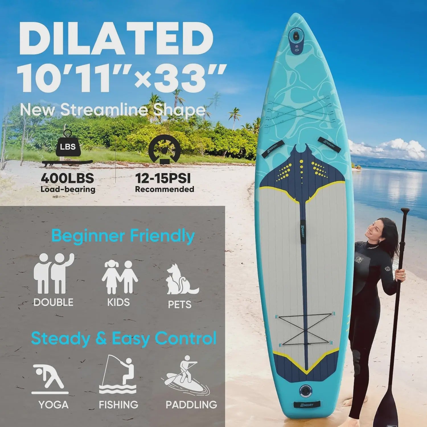 Opblaasbaar Stand Up Paddle Board (SUP) 10'11'' - 33'' Breed - 180kg Capaciteit - Complete Set voor Beginners