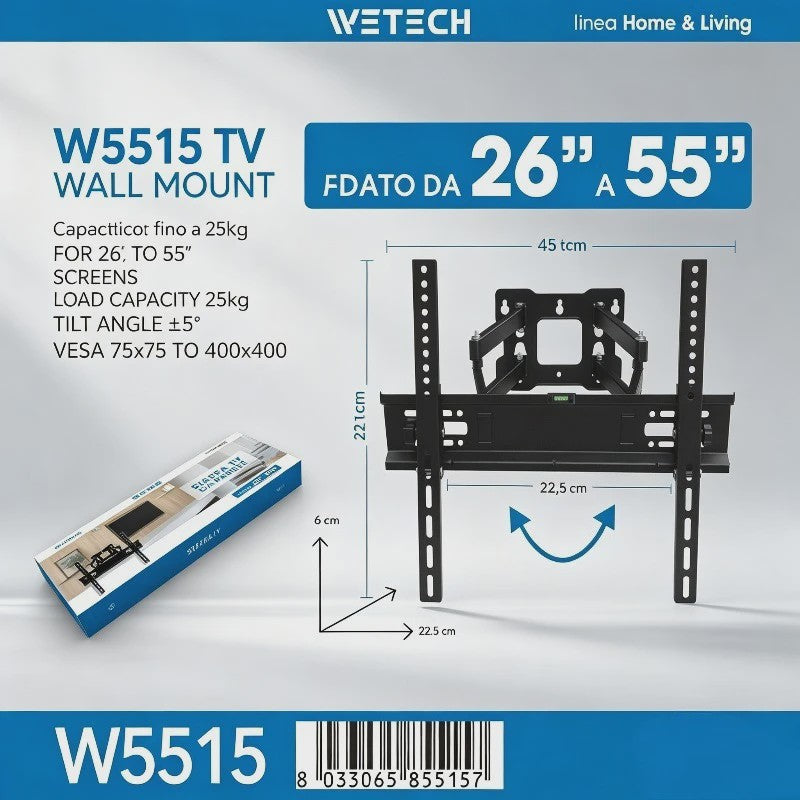 WETECH W5515 TV Muurbeugel: Volledig Beweegbaar voor 26-55 Inch TV's, 25kg Draagkracht, Kantelbaar & VESA Compatibel