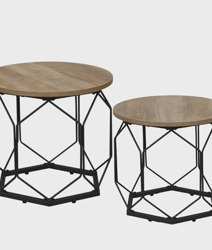 Set van 2 Ronde Bijzettafels met Opbergruimte - Stijlvolle Koffie- en Salontafels voor de Woonkamer met Metaal Frame en Hout