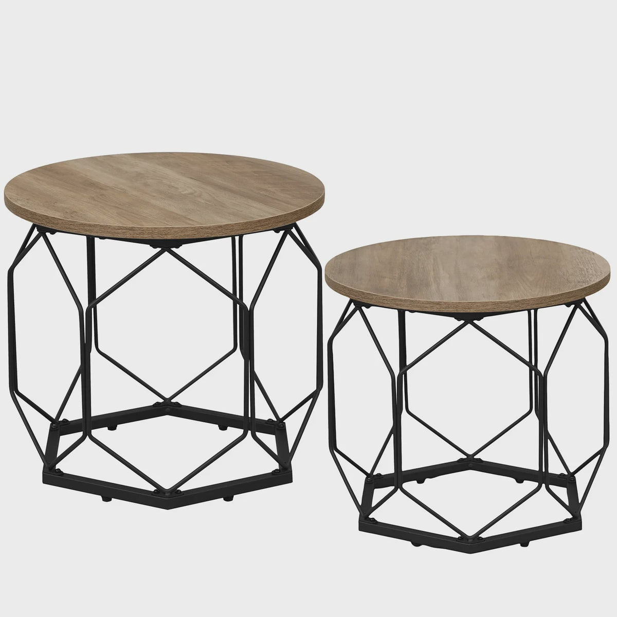 Set van 2 Ronde Bijzettafels met Opbergruimte - Stijlvolle Koffie- en Salontafels voor de Woonkamer met Metaal Frame en Hout