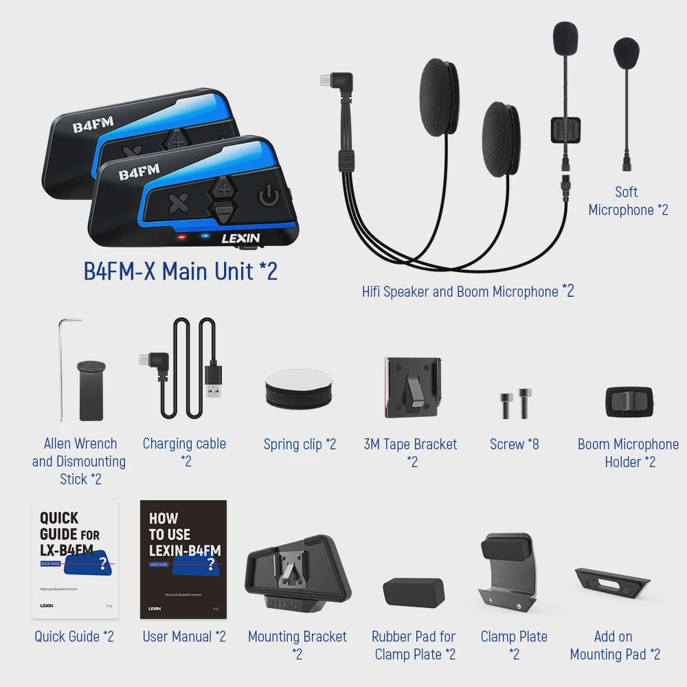 Lexin B4FM-X Bluetooth Motor Intercom Headset voor 10 Rijders met Muziek Delen