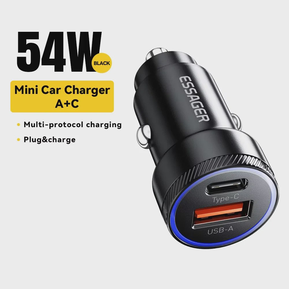Essager 54W Snellader Auto | PD 3.0 & QC 3.0 | USB-C & USB-A | Snel Opladen Telefoon