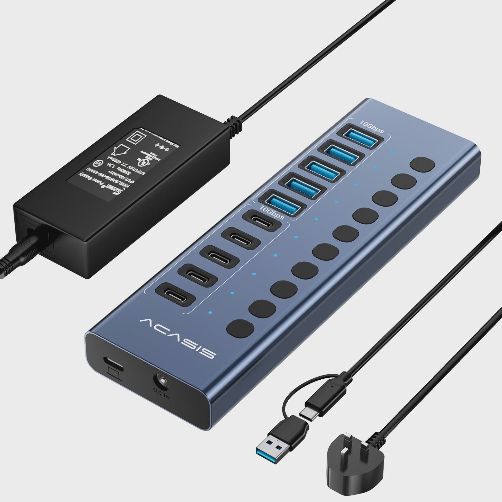 Acasis 16-Poorts USB Hub 10Gbps met Individuele Schakelaars & Snelle Data Transfer