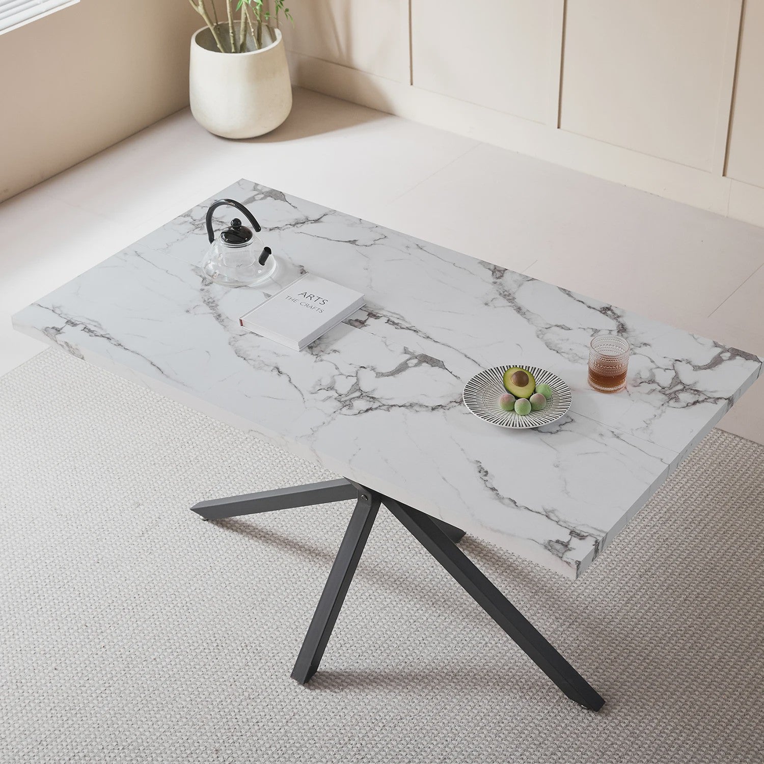 Moderne Rechthoekige Eettafel 140x80cm met Zwart Metalen Onderstel - Geschikt voor 4-6 Personen