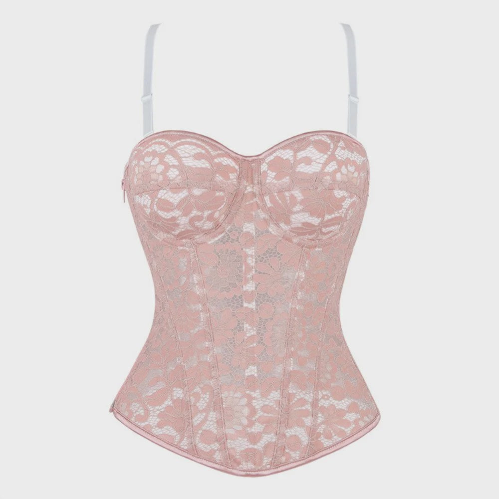 Zwart kanten korset top met mesh en ritssluiting - Sexy bustier voor feesten