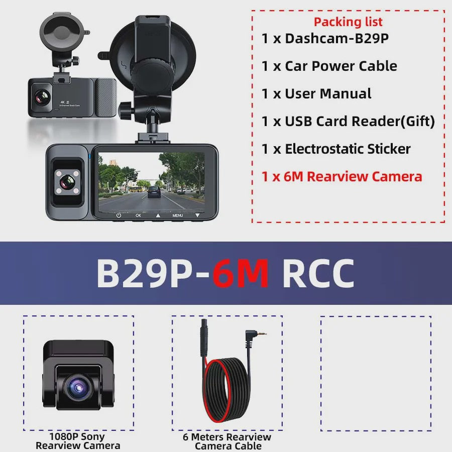 4K 3-Kanaals Dashcam met Infrarood Interne Camera, WIFI, GPS & Parkeermodus - 3'' LCD