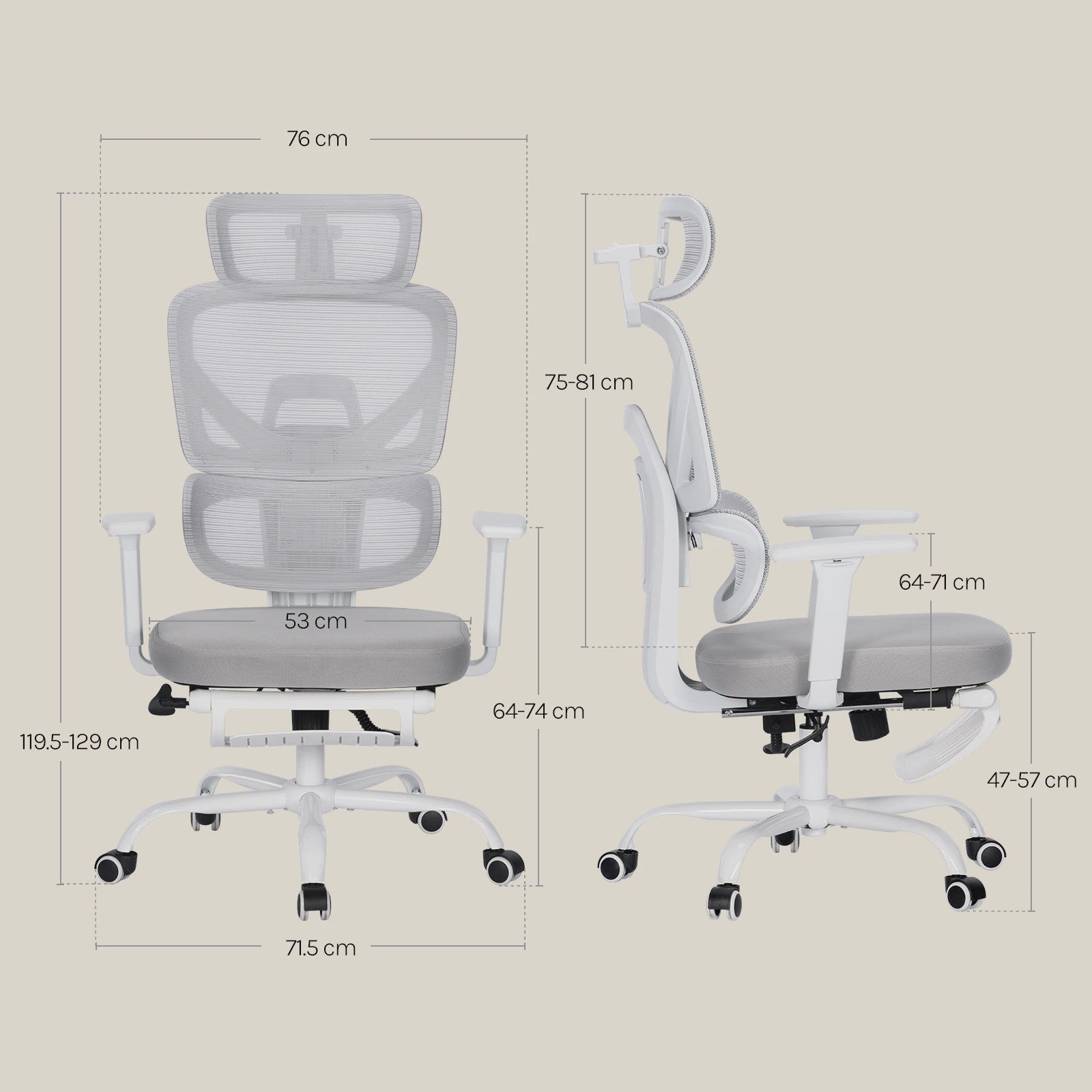 Ergonomische bureaustoel met mesh rugleuning, verstelbare hoofdsteun en voetensteun