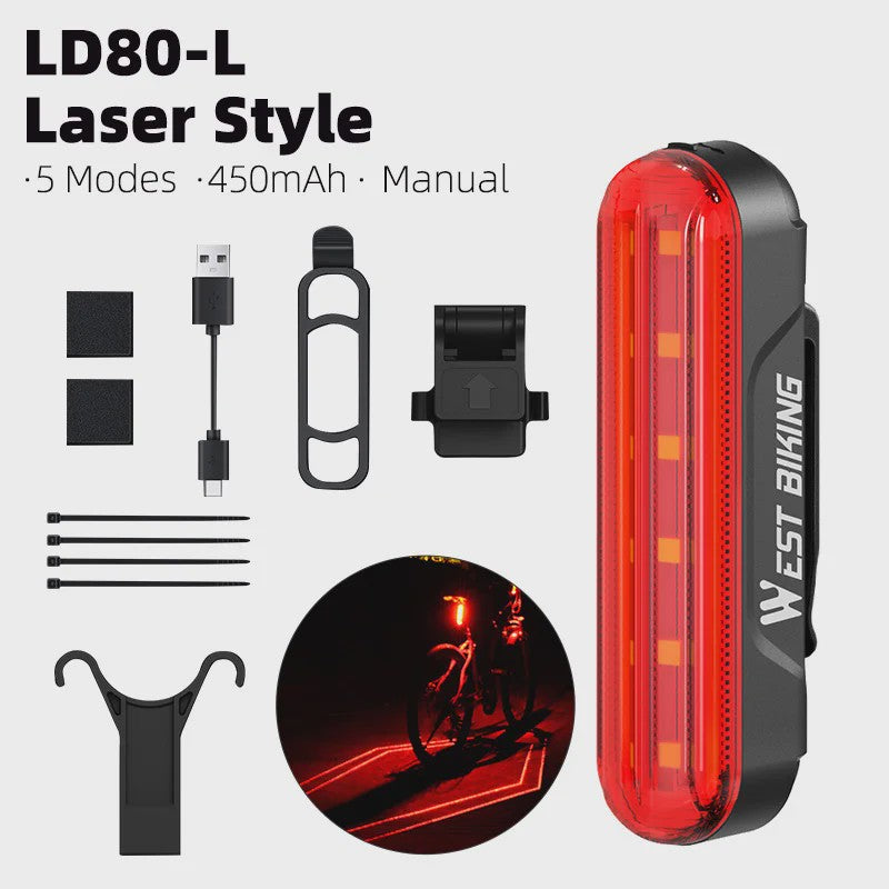 Slimme Fietslamp Achterlicht met Laser & Rem sensor - USB Oplaadbaar, Waterdicht