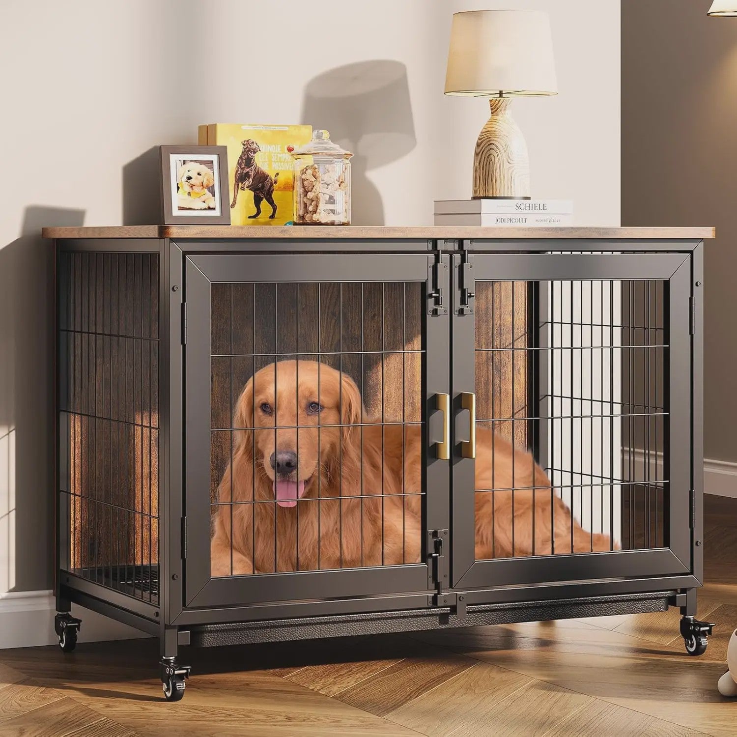 Houten Hondenkennel met Wielen en Lade - Stijlvolle Bijzettafel voor Kleine/Middelgrote Honden