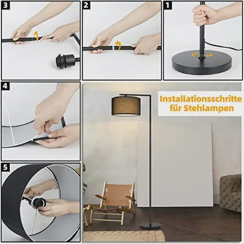 Moderne Zwarte Boog Vloerlamp met Stoffen Kap - E27 Fitting & Voetschakelaar