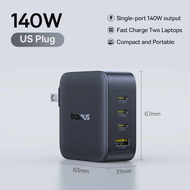 Baseus 140W GaN Snellader - Krachtige PD USB-C Oplader voor Laptop, Tablet & Smartphone