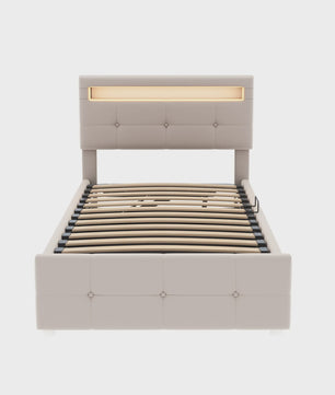 Kinderbed 90x200 cm Beige Velours met LED Verlichting, Hydraulische Opbergruimte en Verstelbaar Hoofdbord