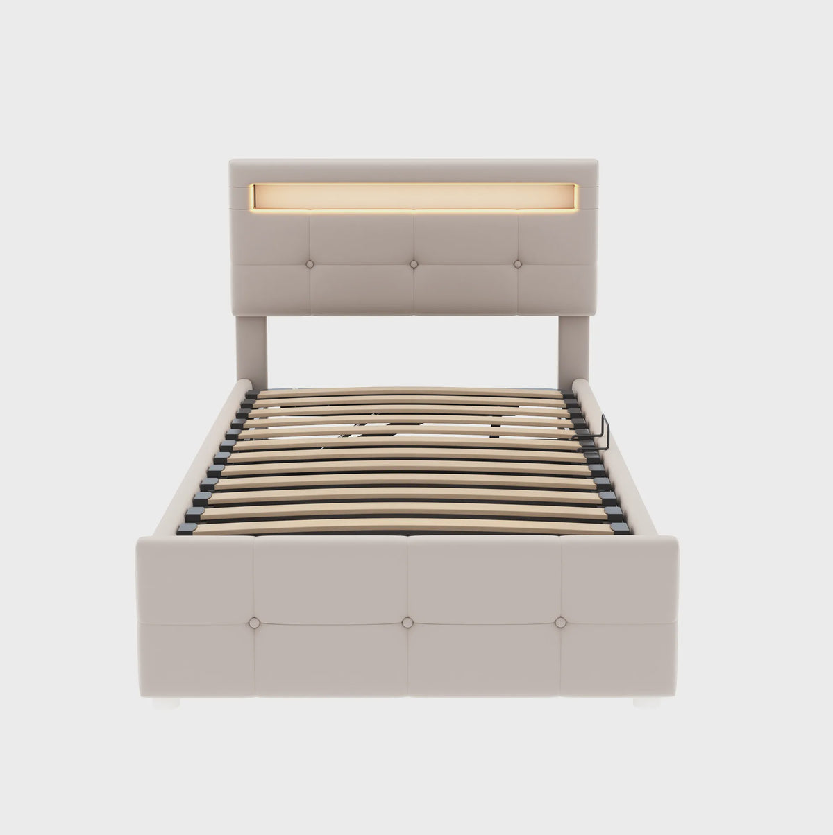 Kinderbed 90x200 cm Beige Velours met LED Verlichting, Hydraulische Opbergruimte en Verstelbaar Hoofdbord