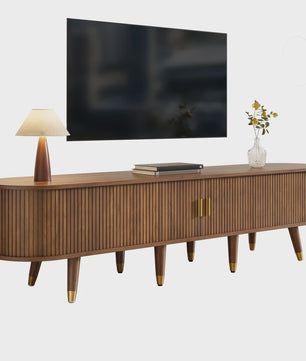 Modern TV Meubel met Rotan Deur en Veel Opbergruimte - Landelijke Stijl