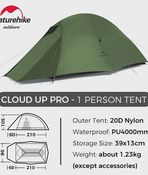 Naturehike Cloud Up Pro 1-Persoons Lichtgewicht Trekking Tent - Waterdicht & Eenvoudig Op te Zetten