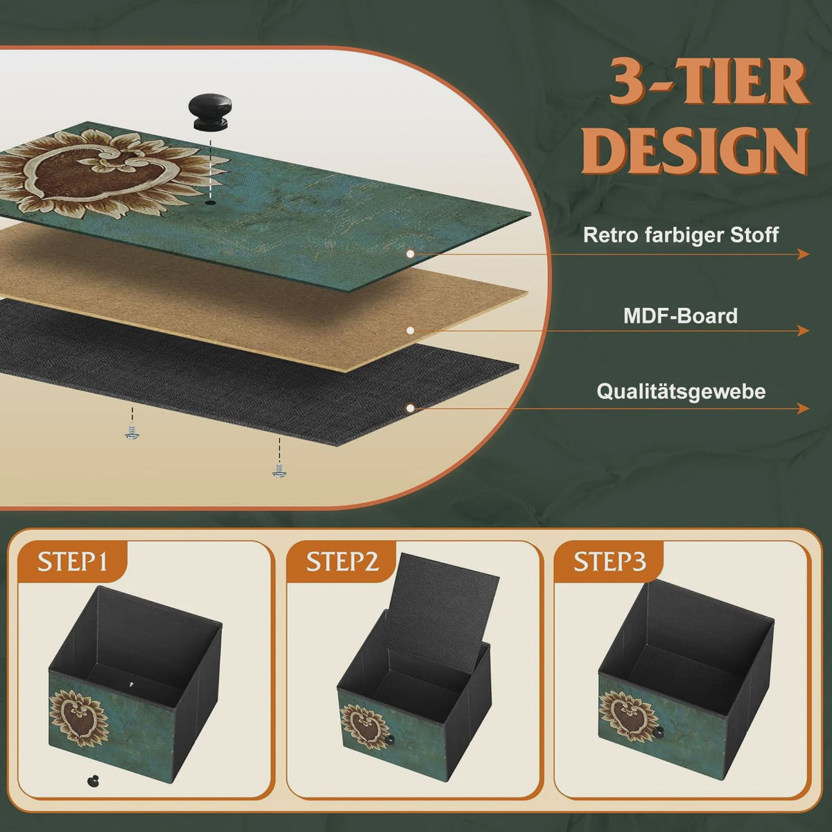 Retro Ladekast met 9 Stoffen Lades - 100x30x86.5cm - Houten Bovenblad & Metaal Frame