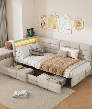 Multifunctioneel Sofa Bed met LED Verlichting, USB Opladen en 2 Lades - 90/140x200cm