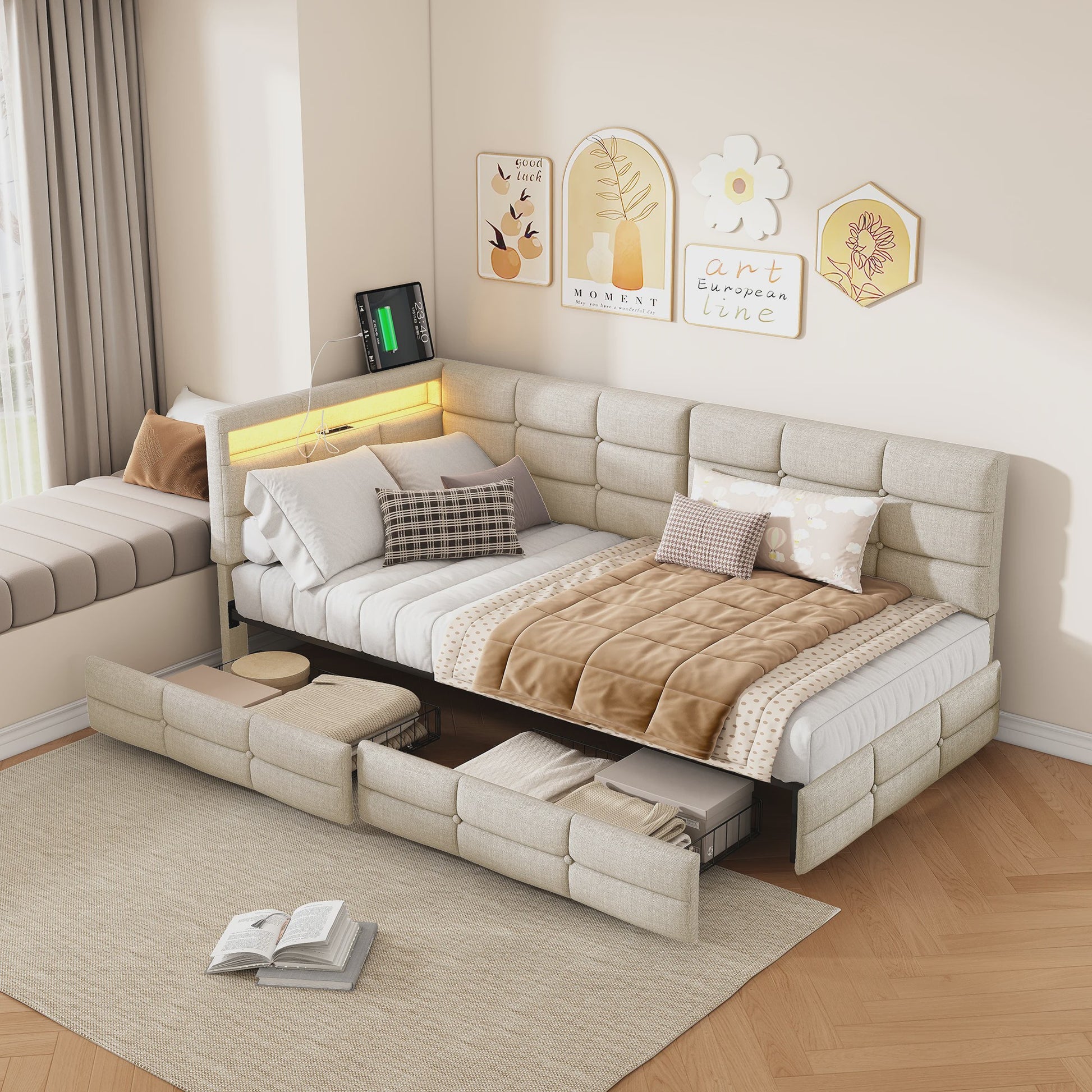 Multifunctioneel Sofa Bed met LED Verlichting, USB Opladen en 2 Lades - 90/140x200cm