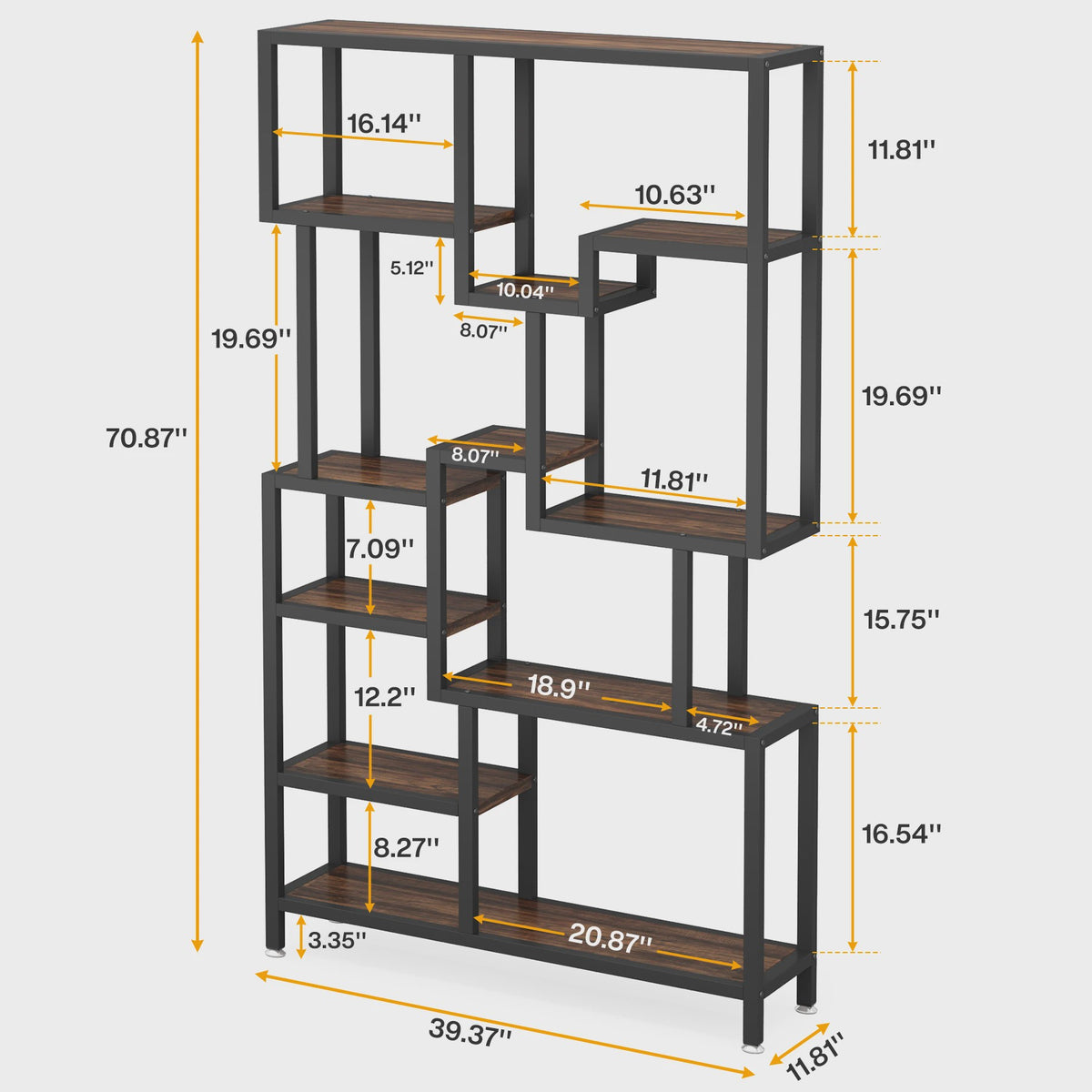 Industriële Boekenkast 7-Laags - 180cm Hoge Etagere met Metalen Frame & Rustiek Bruine Houten Planken