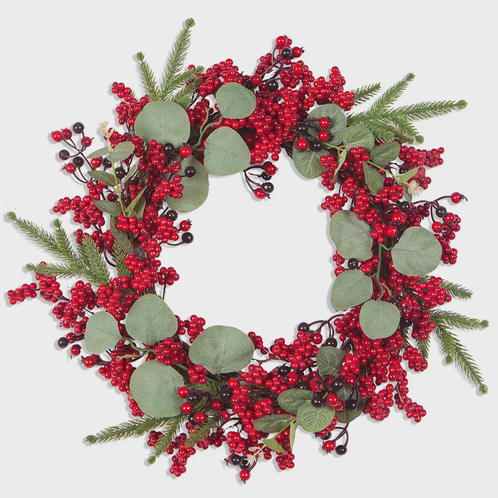 Handgemaakte Kerstkrans met Cipres, Rode Bessen & Denneappels - Voordeur Decoratie