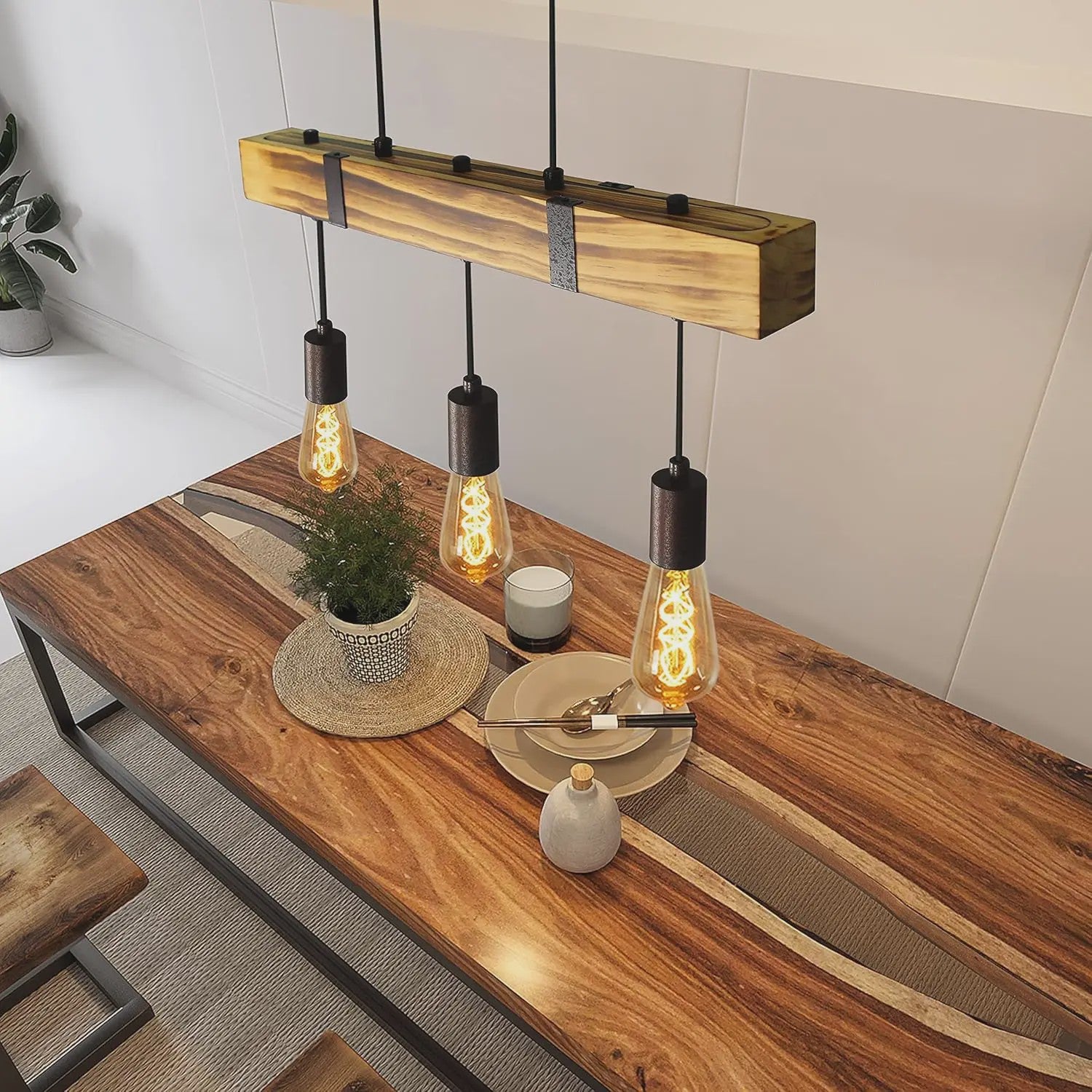 Houten Vintage Hanglamp 61cm met 3xE27 fitting - Industriële Stijl