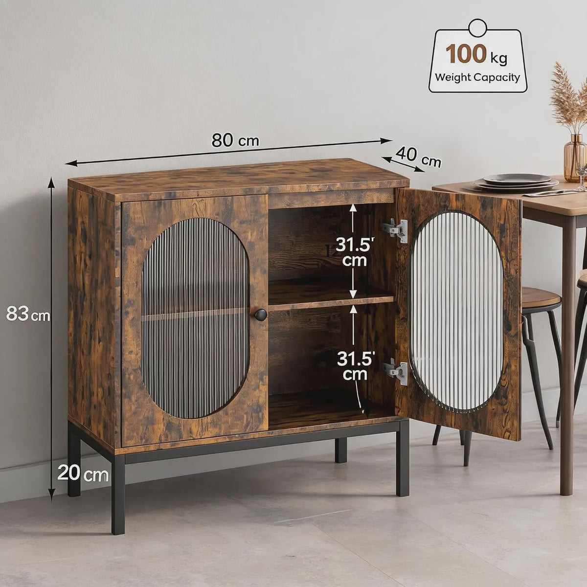 Industriële Buffetkast met Geribbelde Glazen Deuren - Hout & Metaal