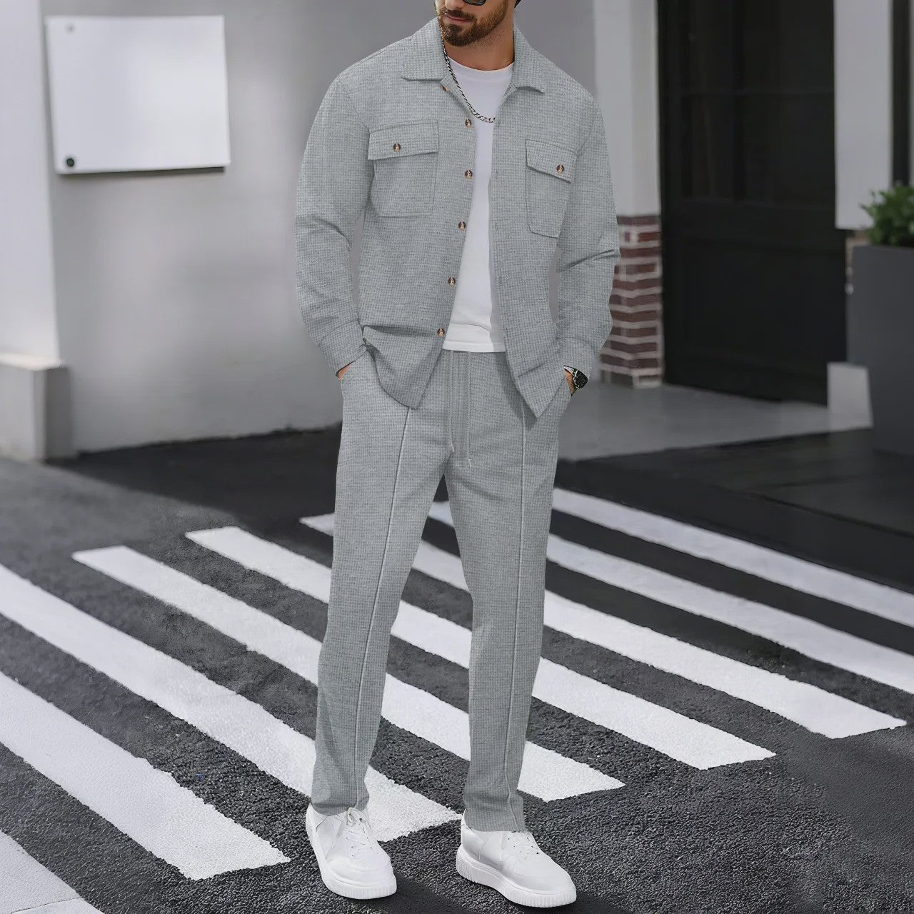 Heren Wafelruit Set: Stijlvol Casual & Zakelijk Jack met Lange Broek