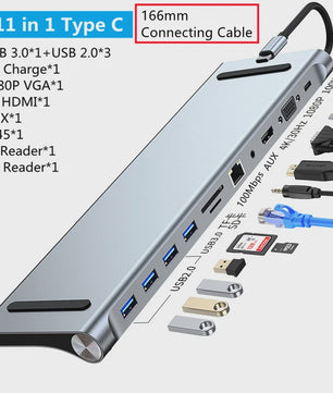 11-in-1 USB-C Hub Docking Station met 4K HDMI, VGA, RJ45, SD/TF Kaartlezer & PD Charge