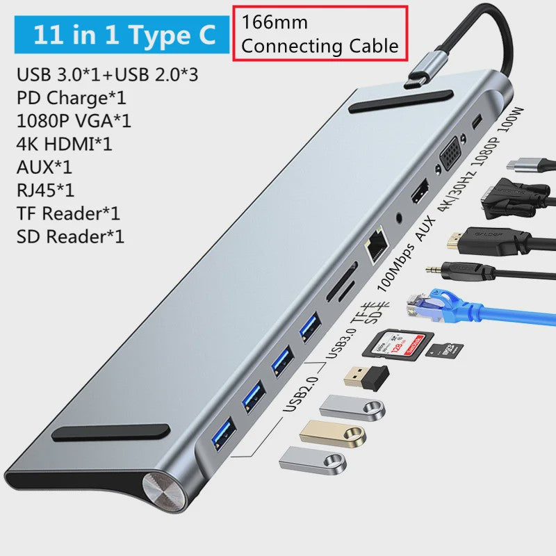 11-in-1 USB-C Hub Docking Station met 4K HDMI, VGA, RJ45, SD/TF Kaartlezer & PD Charge