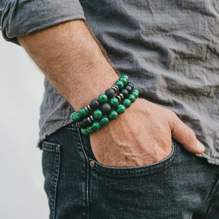 Set van 3 Heren Armbanden: Tijgeroog, Lavasteen & Onyx - Natuursteen