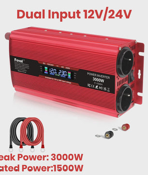 Krachtige 1500W-3000W Auto Omvormer (DC12V/24V naar AC230V) met LCD, USB & EU-stopcontact