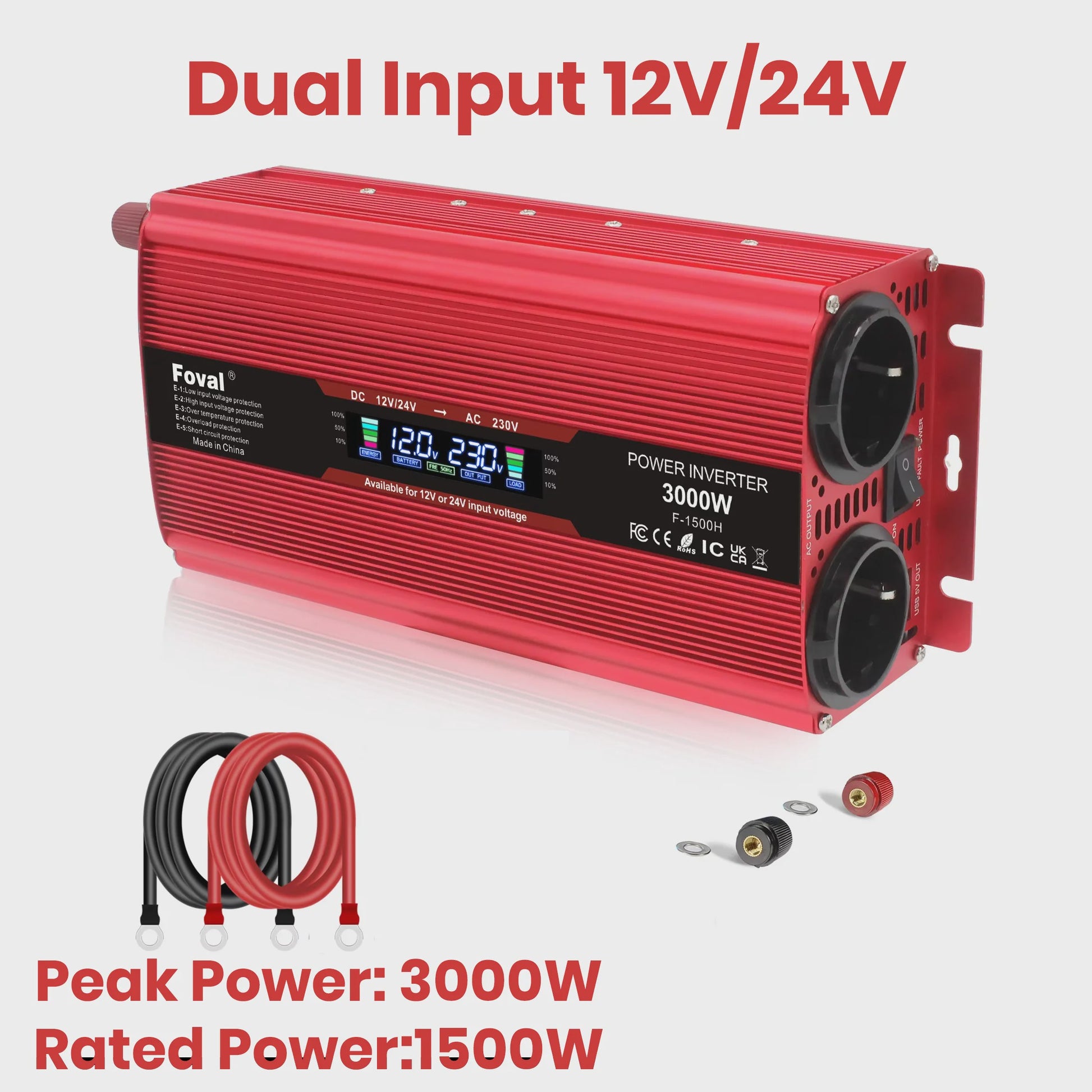 Krachtige 1500W-3000W Auto Omvormer (DC12V/24V naar AC230V) met LCD, USB & EU-stopcontact