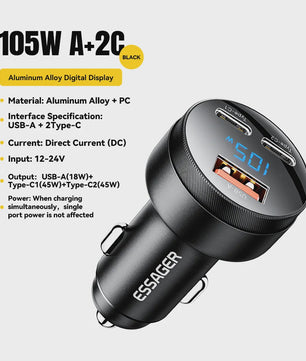 Essager 105W Auto Oplader: Snelladen met USB-C, QC4.0, PD & PPS voor iPhone, Samsung, Xiaomi